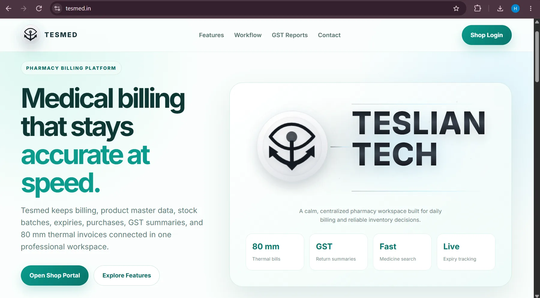 Tesmed pharmacy billing platform landing interface