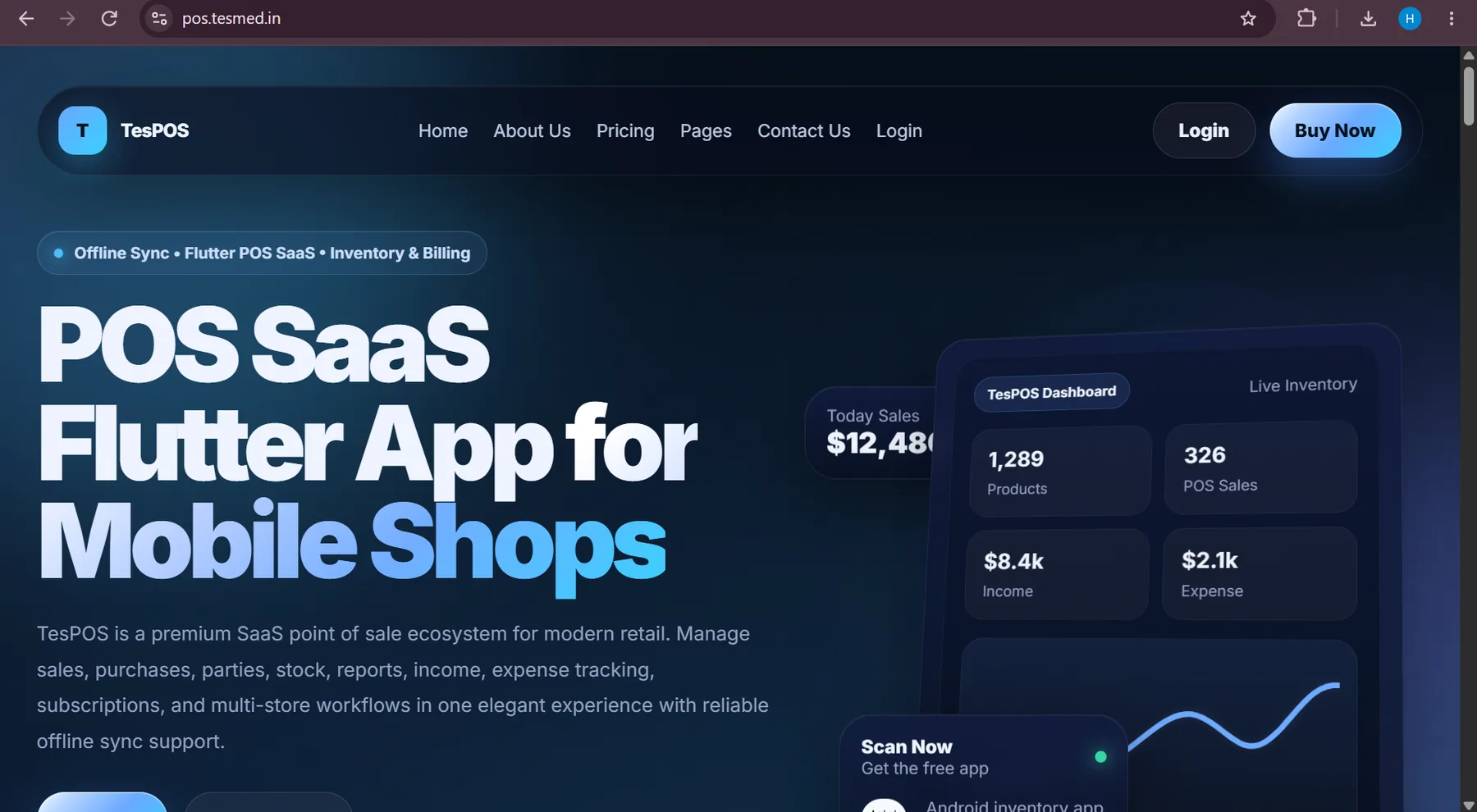 TesPOS retail point of sale platform landing interface