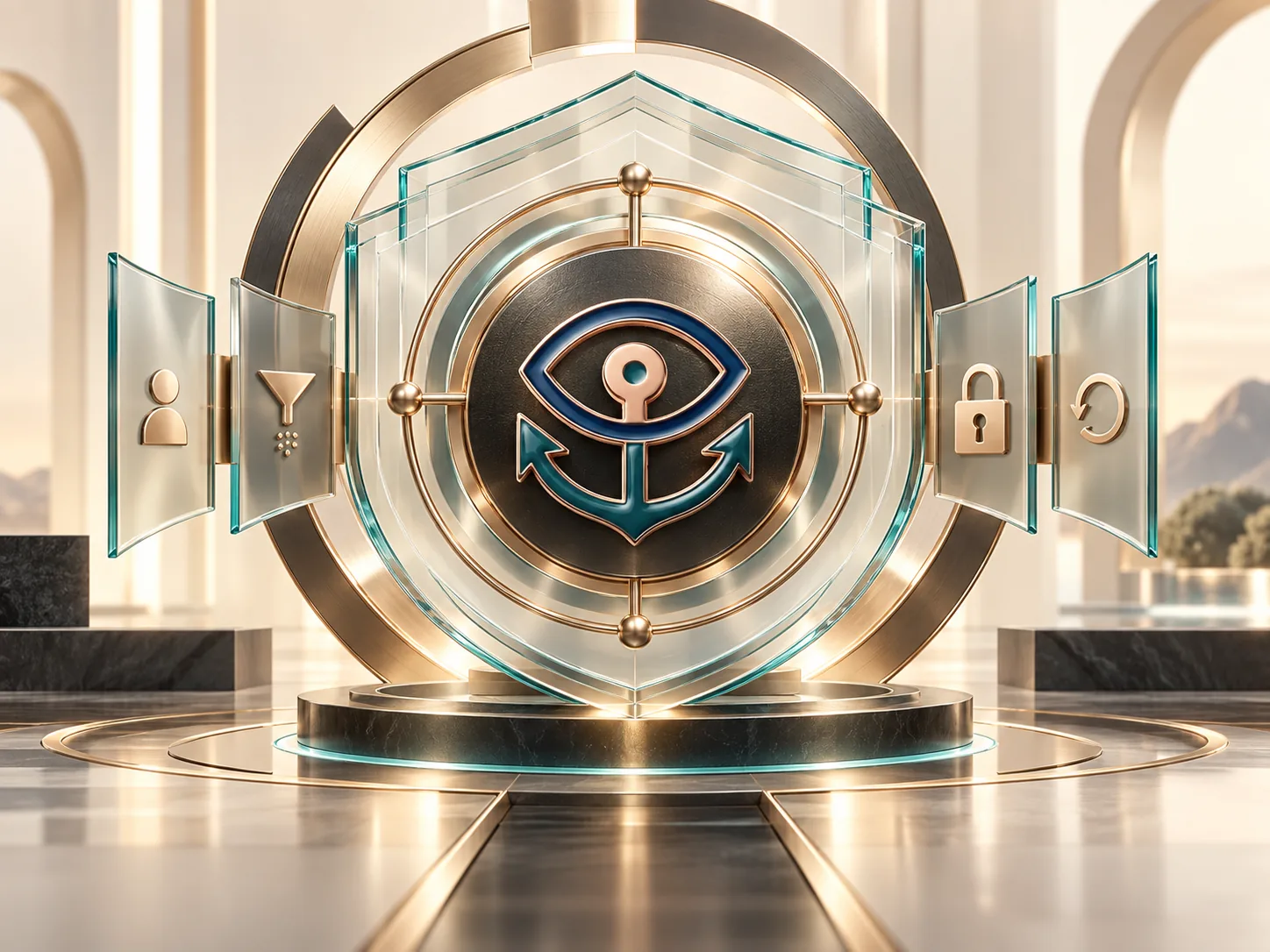 Teslian Tech emblem within a layered security and architecture composition