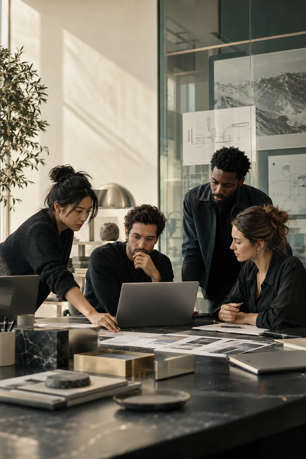 Product engineers and designers collaborating around a prototype table