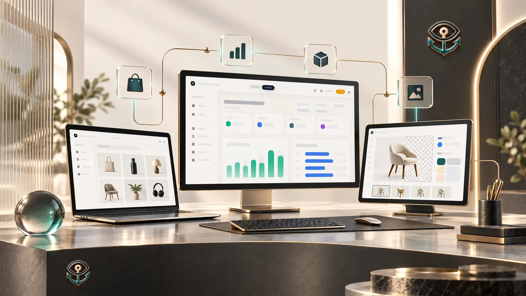 Teslian Tech commerce operations artwork with dashboards and devices