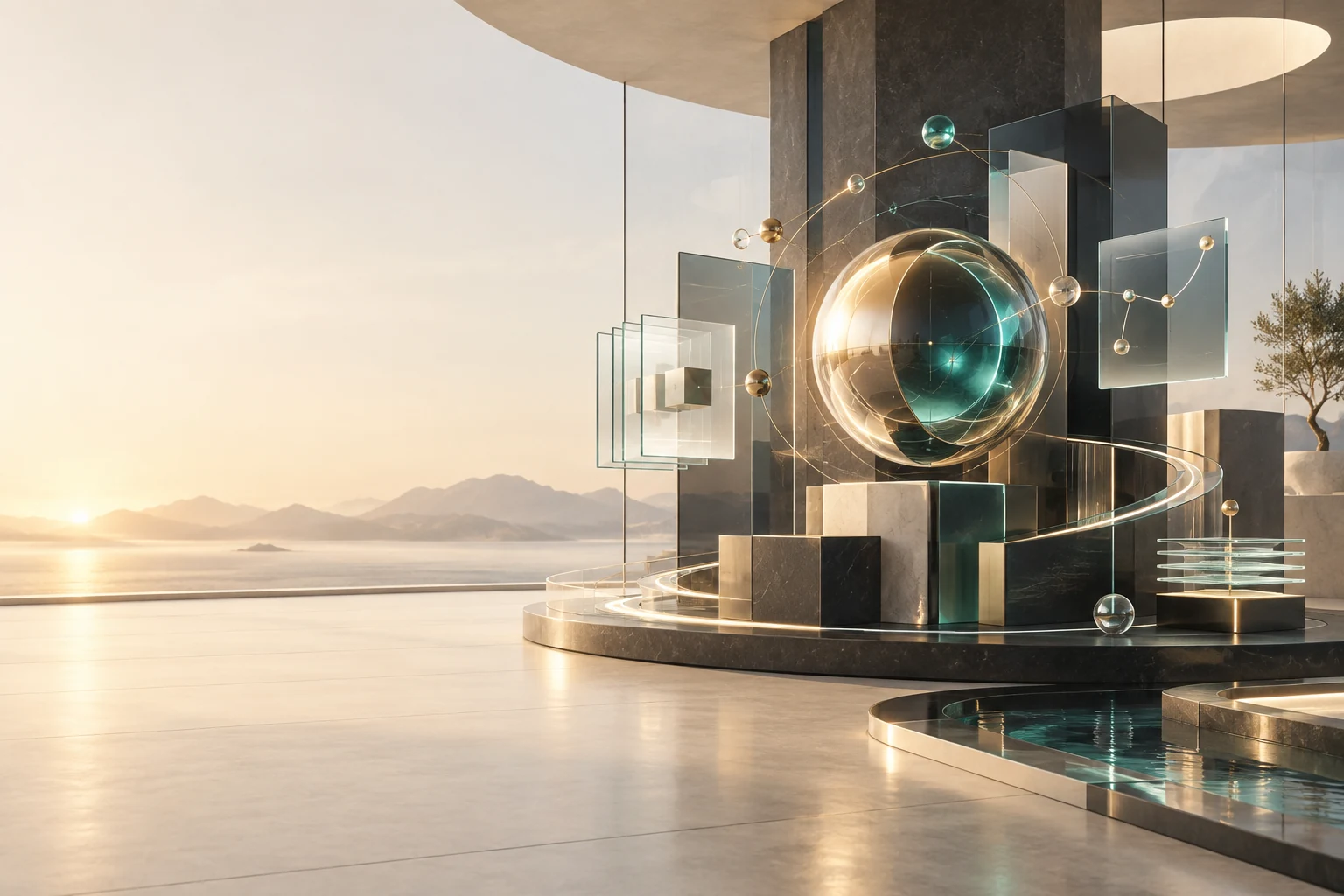 Abstract spatial technology system in warm architectural light