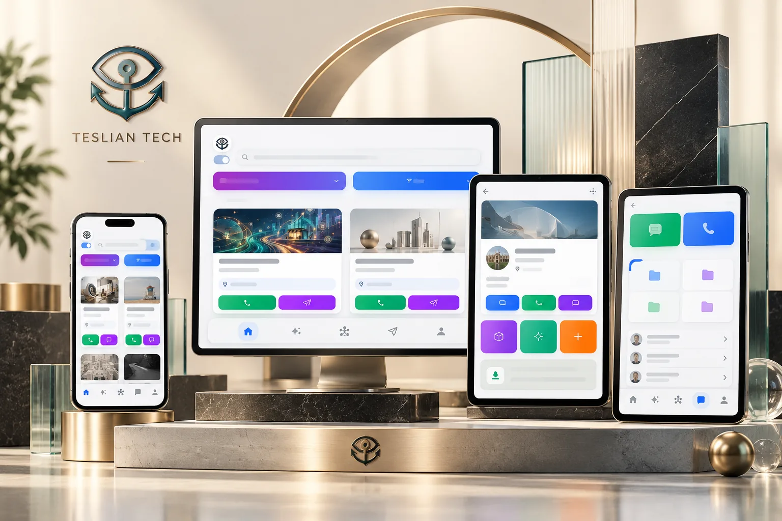 Teslian Tech product ecosystem artwork across desktop and mobile devices